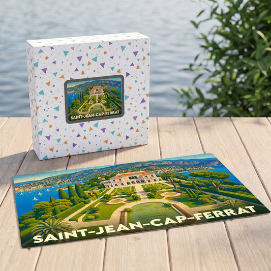 Puzzle souvenir de la ville de Saint-Jean-Cap-Ferrat illustrant une villa méditerranéenne et ses jardins.