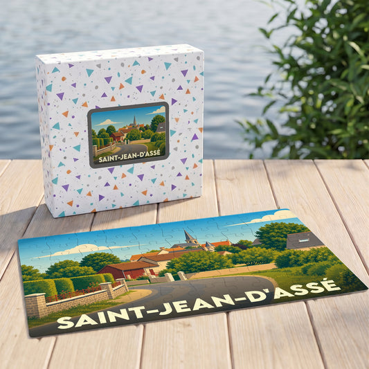 Puzzle souvenir de la ville de Saint-Jean-d'Assé avec une illustration stylisée d'un paysage de village.