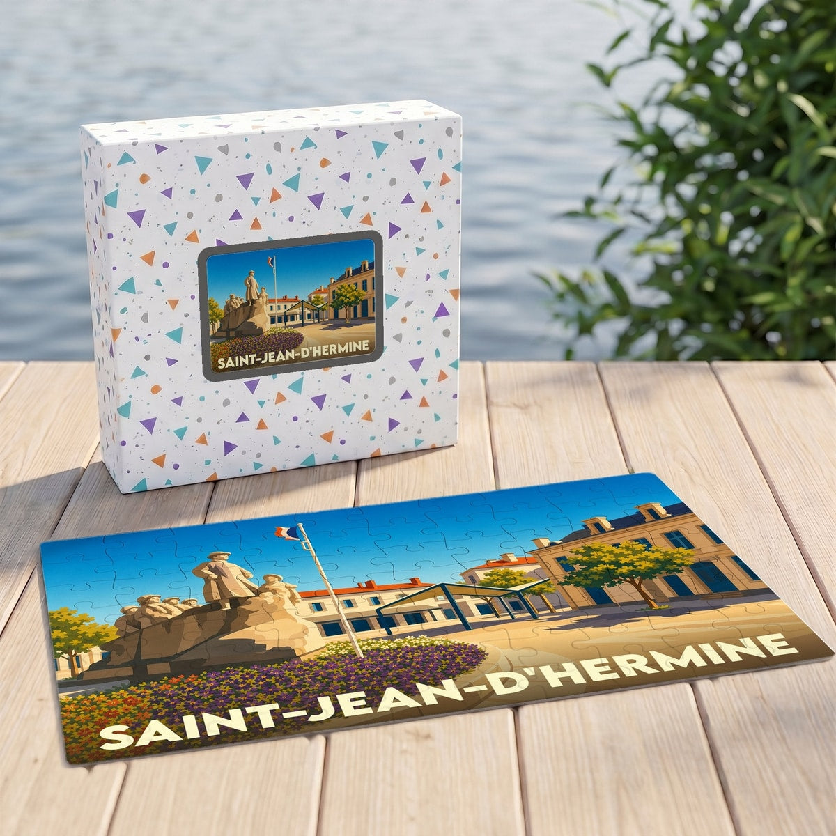 Puzzle souvenir de la ville de Saint-Jean-d'Hermine avec une illustration stylisée.