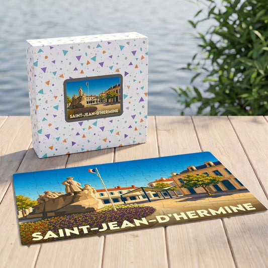 Puzzle souvenir de la ville de Saint-Jean-d'Hermine avec une illustration stylisée.