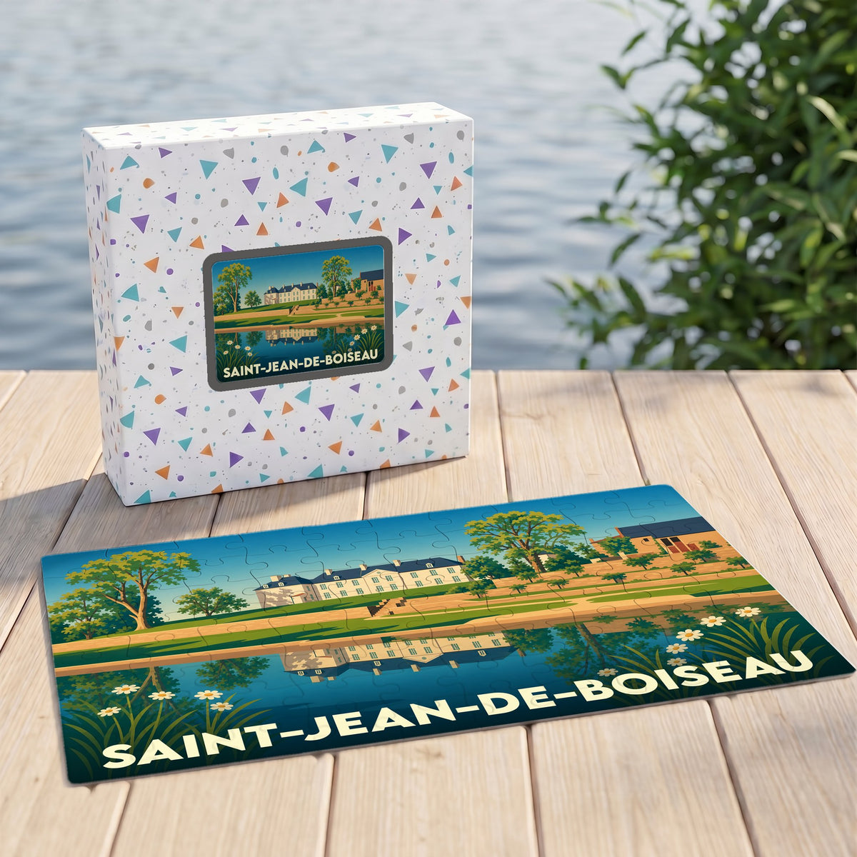 Puzzle souvenir de la ville de Saint-Jean-de-Boiseau avec une illustration stylisée et colorée.