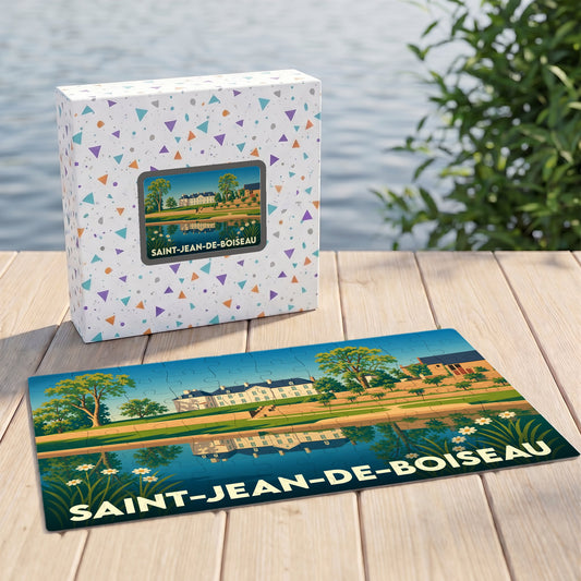 Puzzle souvenir de la ville de Saint-Jean-de-Boiseau avec une illustration stylisée et colorée.