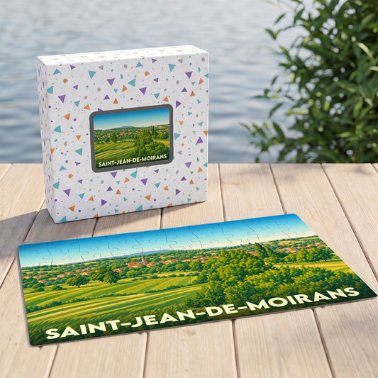 Puzzle souvenir de la ville de Saint-Jean-de-Moirans avec une illustration paysagère stylisée.