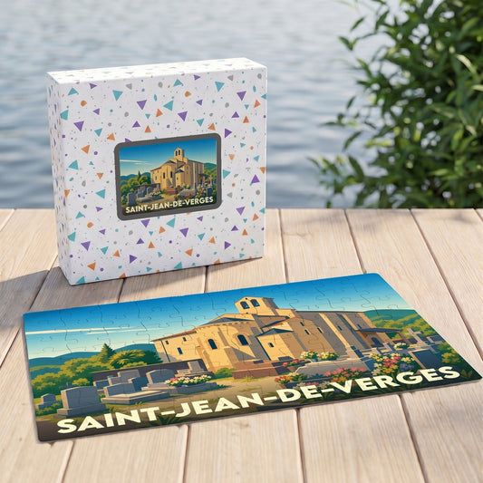 Puzzle souvenir de la ville de Saint-Jean-de-Verges avec une illustration stylisée.