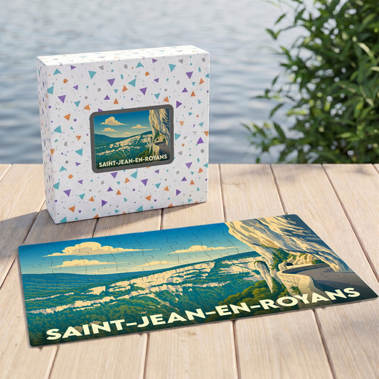 Puzzle souvenir de la ville de Saint-Jean-en-Royans avec une illustration stylisée de ses falaises.
