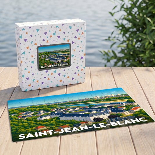Puzzle souvenir de la ville de Saint-Jean-le-Blanc avec une illustration panoramique stylisée.