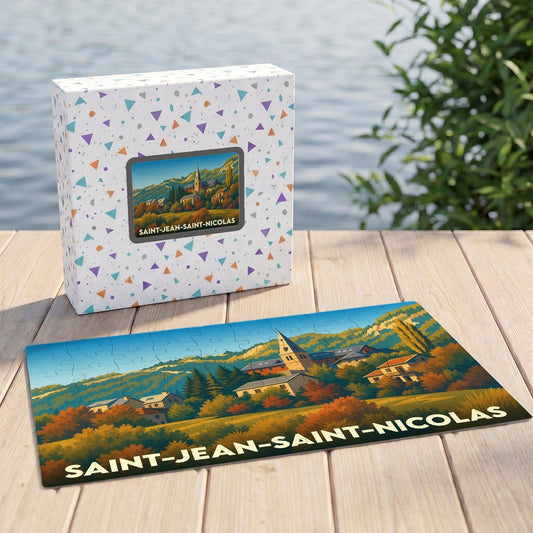 Puzzle souvenir de la ville de Saint-Jean-Saint-Nicolas illustré d'un paysage automnal stylisé.