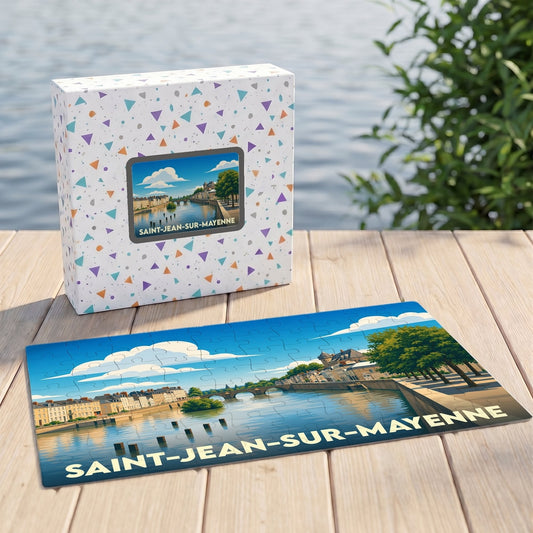 Puzzle souvenir de la ville de Saint-Jean-sur-Mayenne avec une illustration stylisée des bords de la Mayenne.