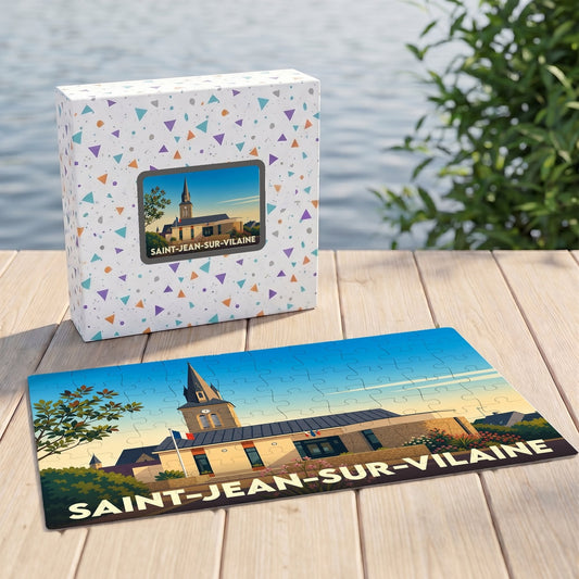 Puzzle souvenir de la ville de Saint-Jean-sur-Vilaine avec une illustration stylisée de son église.