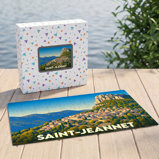 Puzzle souvenir de la ville de Saint-Jeannet avec une illustration stylisée de son célèbre baou et de ses maisons provençales.