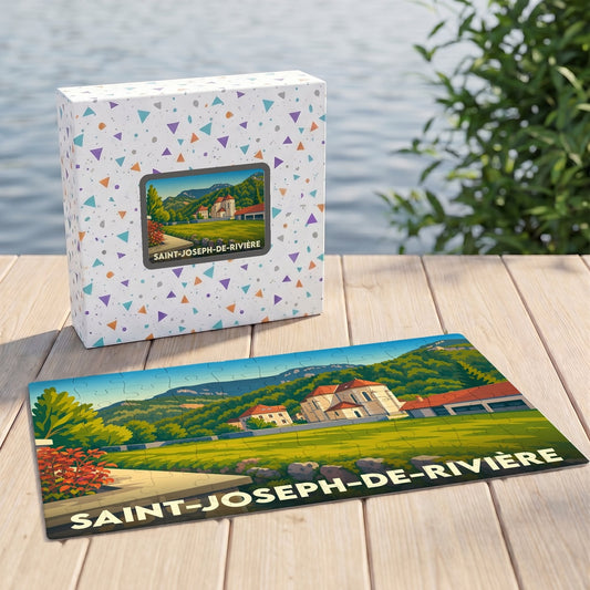 Puzzle souvenir de la ville de Saint-Joseph-de-Rivière avec une illustration stylisée de son paysage et de son église.