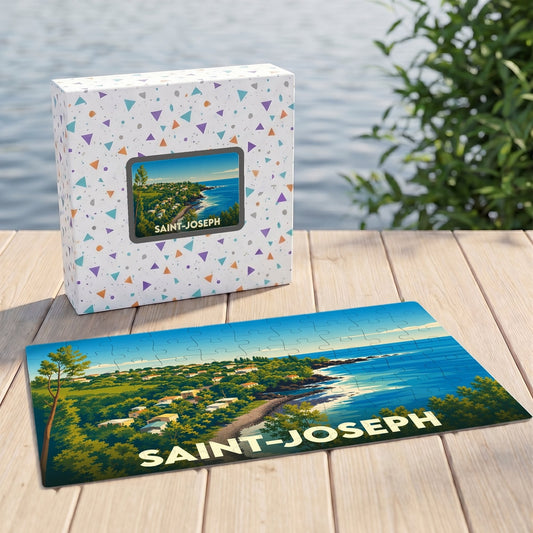 Puzzle souvenir de la ville de Saint-Joseph avec une illustration paysagère stylisée.