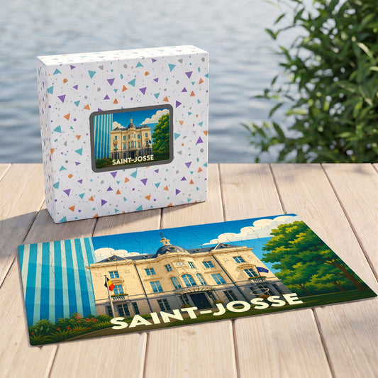 Puzzle souvenir de la commune de Saint-Josse avec une illustration stylisée de sa maison communale.