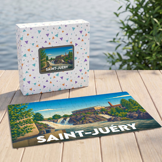 Puzzle souvenir de la ville de Saint-Juéry avec une illustration stylisée d'un paysage fluvial.