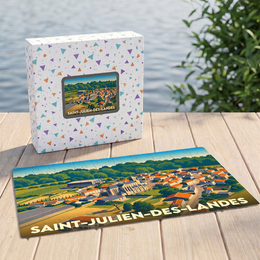 Puzzle souvenir de la ville de Saint-Julien-des-Landes avec une illustration stylisée et colorée de la commune.