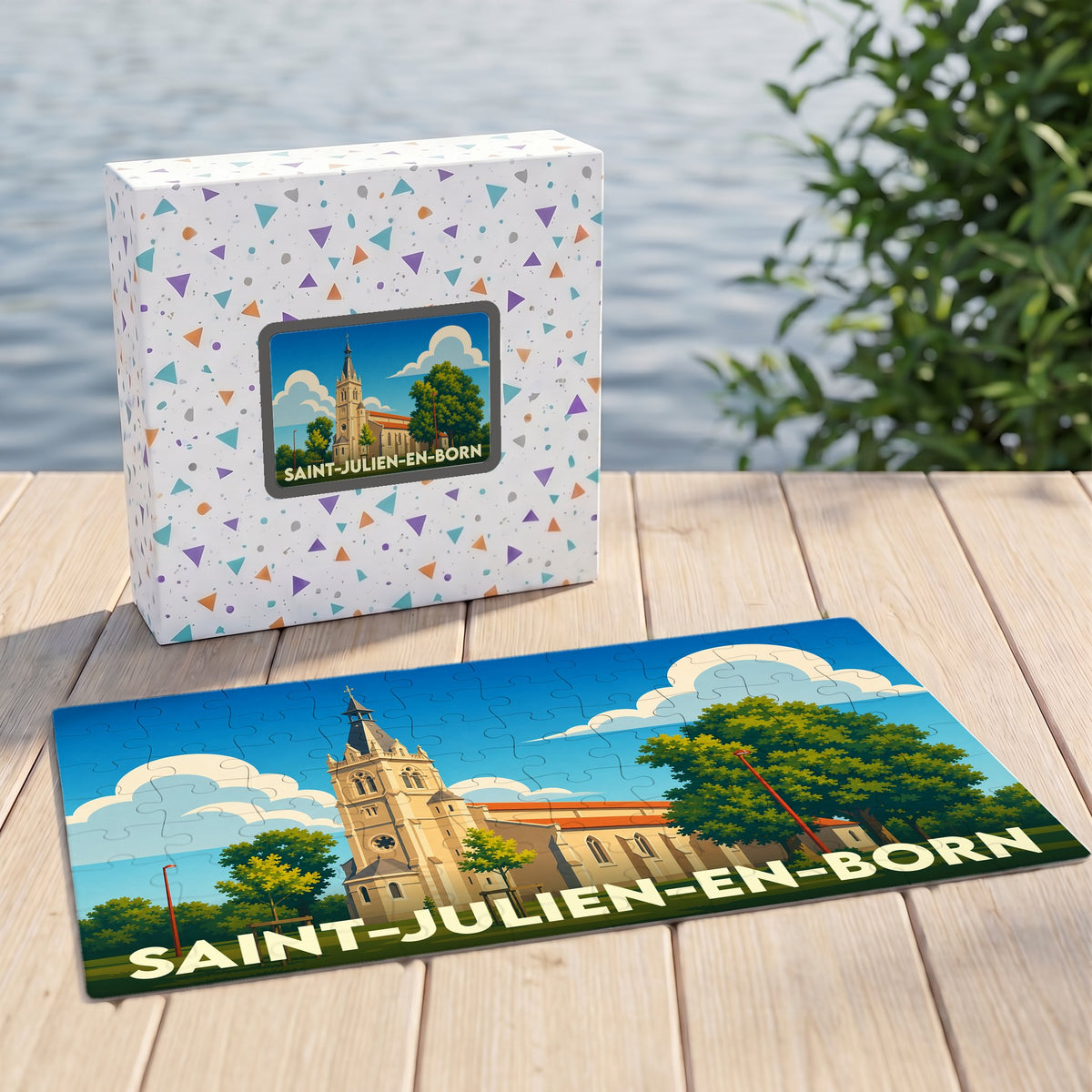 Puzzle souvenir de la ville de Saint-Julien-en-Born avec une illustration stylisée de son église.