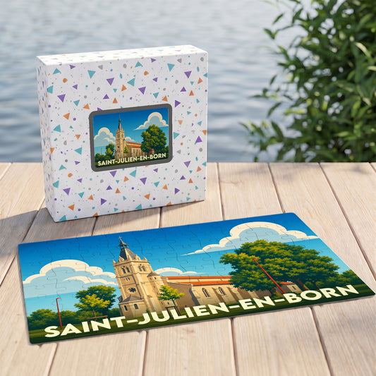 Puzzle souvenir de la ville de Saint-Julien-en-Born avec une illustration stylisée de son église.