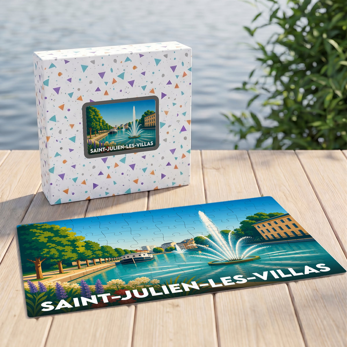Puzzle souvenir de la ville de Saint-Julien-les-Villas avec une illustration stylisée d'un parc au bord de l'eau.