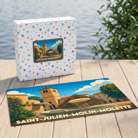 Puzzle souvenir de la ville de Saint-Julien-Molin-Molette avec une illustration stylisée de sa place principale.