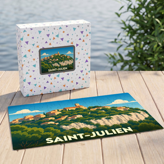 Puzzle souvenir de la ville de Saint-Julien avec une illustration stylisée d'un village perché.