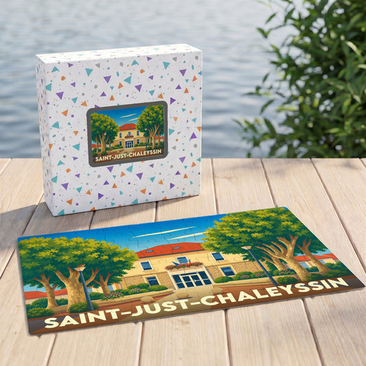Puzzle souvenir de la ville de Saint-Just-Chaleyssin avec une illustration stylisée de sa mairie.