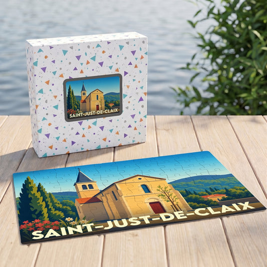 Puzzle souvenir de la ville de Saint-Just-de-Claix avec une illustration stylisée d'une église.