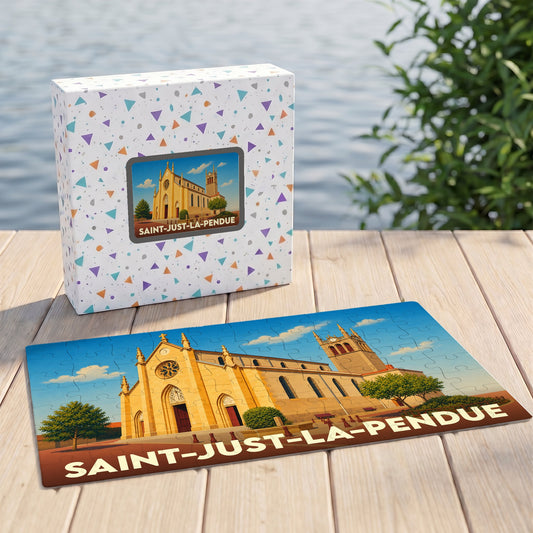 Puzzle souvenir de la ville de Saint-Just-la-Pendue avec une illustration stylisée de son église.