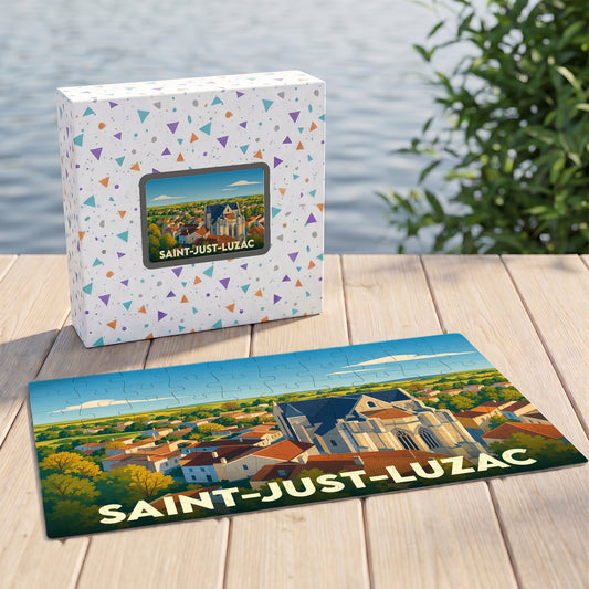 Puzzle souvenir de la ville de Saint-Just-Luzac avec une illustration stylisée et colorée.