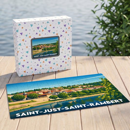 Puzzle souvenir de la ville de Saint-Just-Saint-Rambert avec une illustration stylisée des bords de Loire.