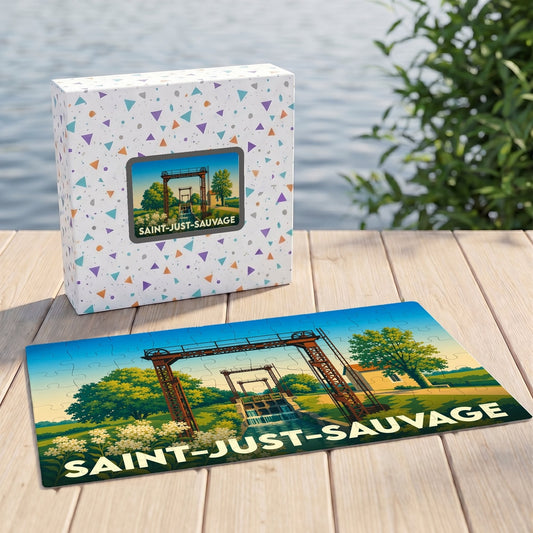 Puzzle souvenir de la ville de Saint-Just-Sauvage avec une illustration de ses écluses.