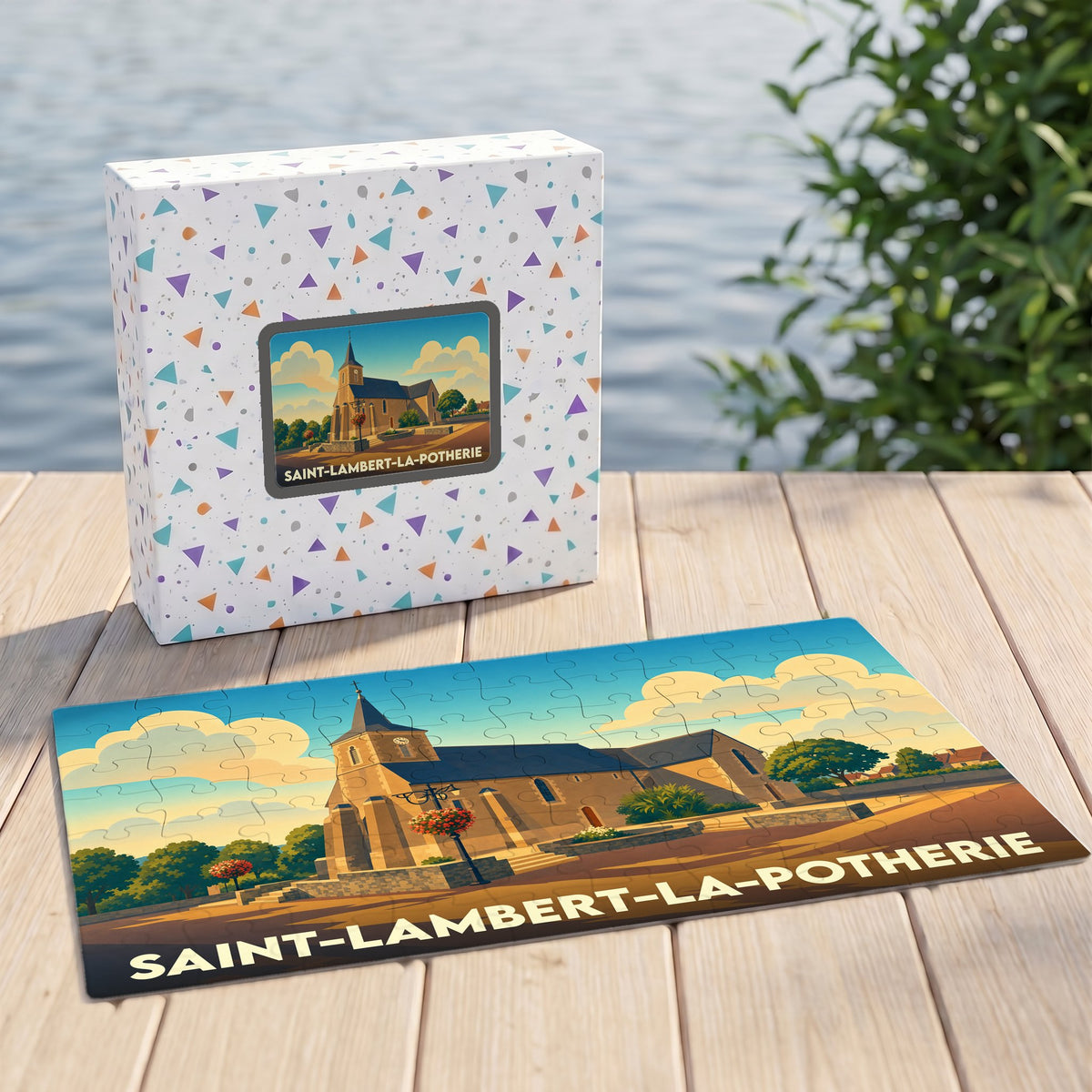 Puzzle souvenir de la ville de Saint-Lambert-la-Potherie illustrant son église dans un style graphique épuré.