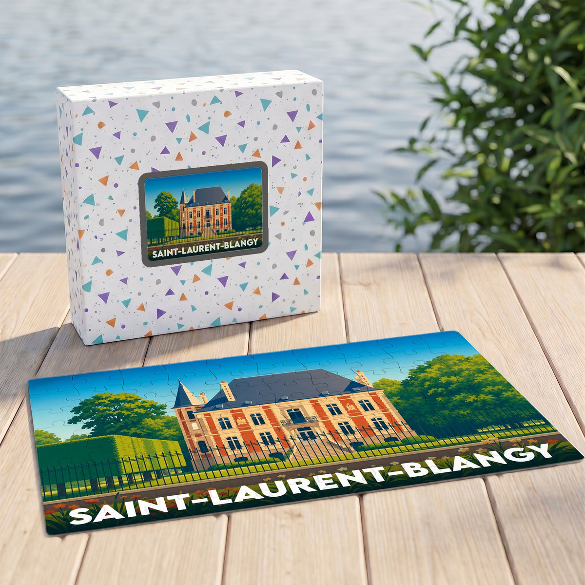 Puzzle souvenir de la ville de Saint-Laurent-Blangy avec son carton d'emballage assorti.