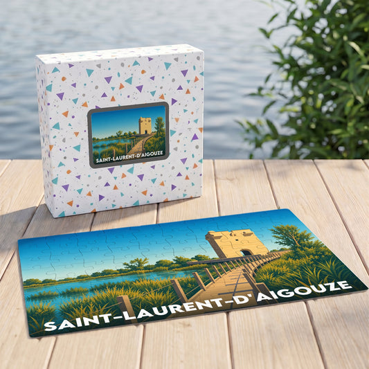 Puzzle souvenir de Saint-Laurent-d'Aigouze avec une illustration stylisée de la Tour Carbonnière et son marais.