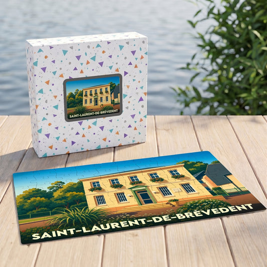 Puzzle souvenir de la ville de Saint-Laurent-de-Brèvedent avec une illustration stylisée d'un bâtiment remarquable.