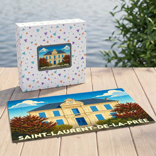 Puzzle souvenir de la ville de Saint-Laurent-de-la-Prée avec une illustration stylisée de sa mairie.