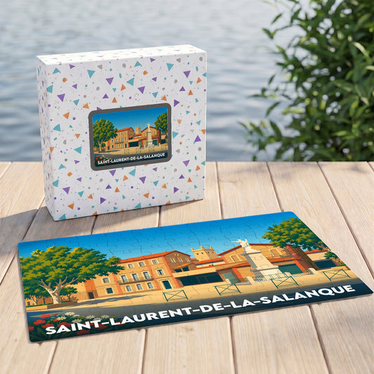 Puzzle souvenir de la ville de Saint-Laurent-de-la-Salanque avec une illustration stylisée et colorée.