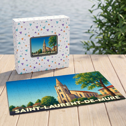 Puzzle souvenir de la ville de Saint-Laurent-de-Mure avec une illustration stylisée de son église.