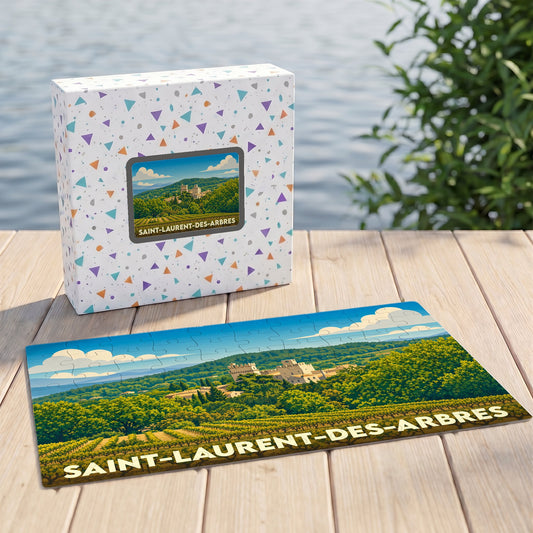 Puzzle souvenir de la ville de Saint-Laurent-des-Arbres avec une illustration de son paysage viticole et médiéval.