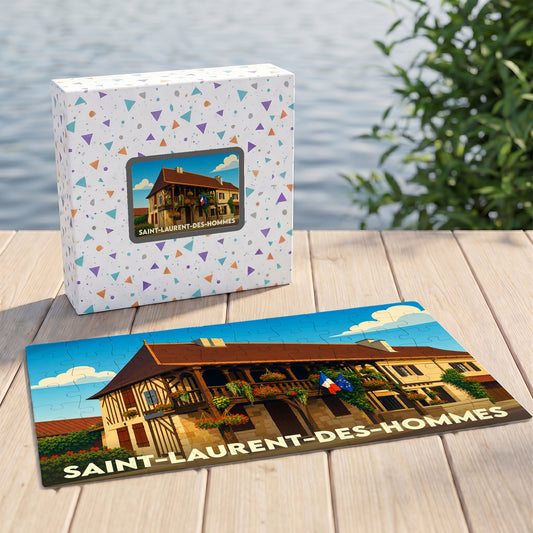 Puzzle souvenir de la ville de Saint-Laurent-des-Hommes avec son illustration assortie sur la boîte.