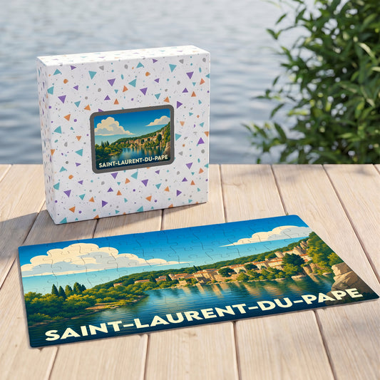 Puzzle souvenir de la ville de Saint-Laurent-du-Pape avec une illustration stylisée de son paysage fluvial.