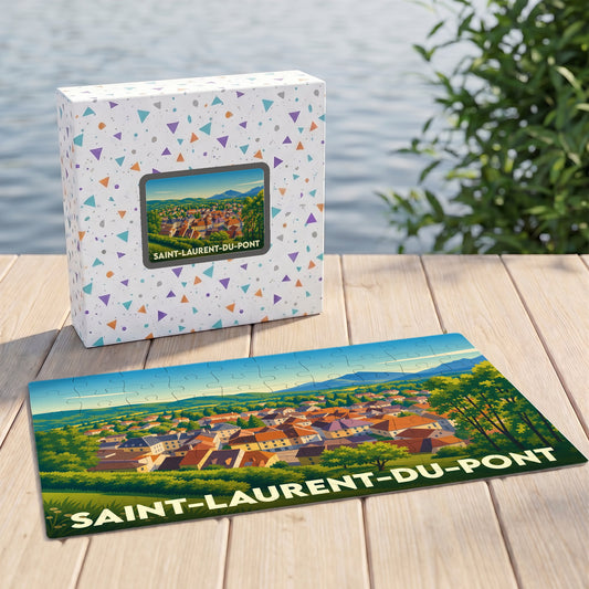 Puzzle souvenir de la ville de Saint-Laurent-du-Pont avec une illustration panoramique colorée.