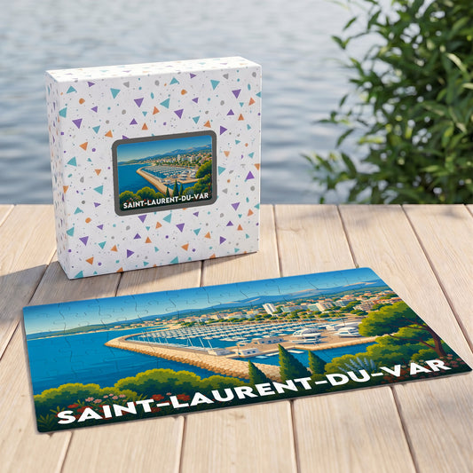 Puzzle souvenir de la ville de Saint-Laurent-du-Var avec une illustration stylisée de son port.