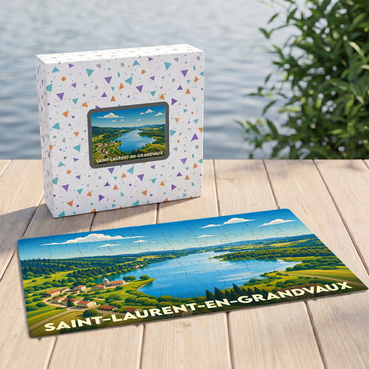 Puzzle souvenir de Saint-Laurent-en-Grandvaux illustrant un paysage de lac et de montagnes.