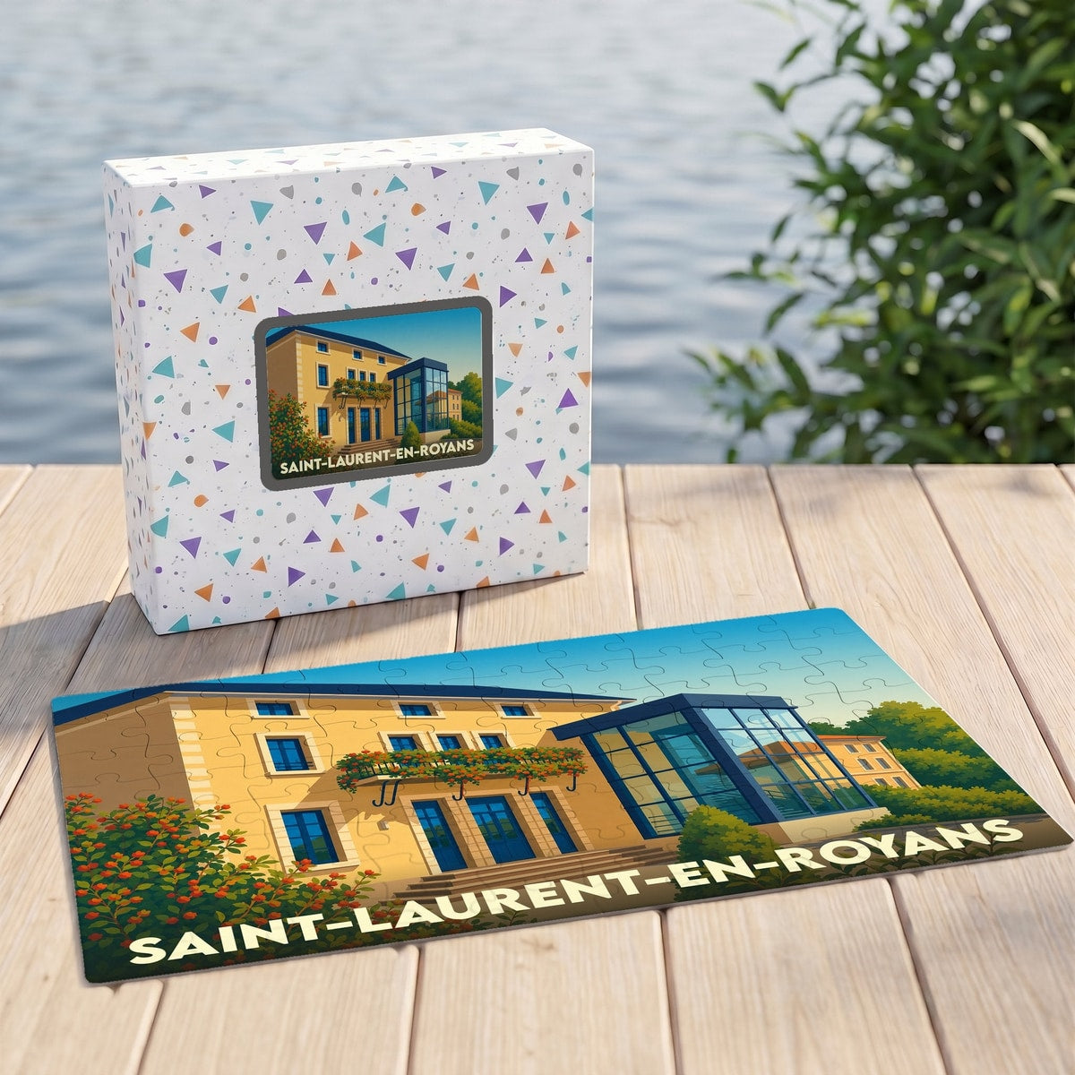 Puzzle souvenir de la ville de Saint-Laurent-en-Royans avec une illustration stylisée d'un bâtiment provençal.