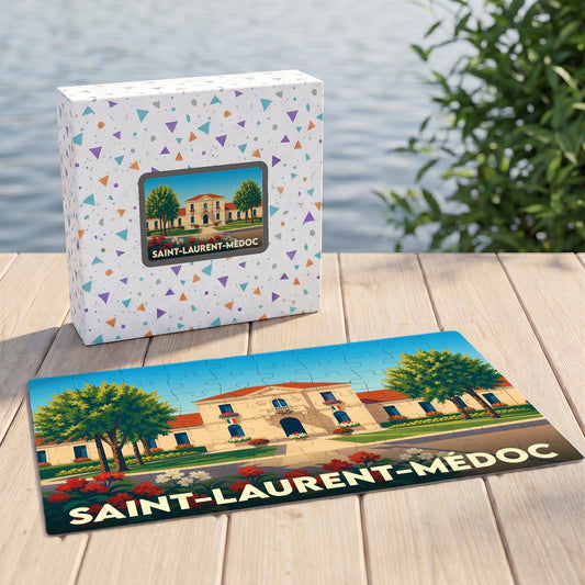 Puzzle souvenir de la ville de Saint-Laurent-Médoc avec une illustration stylisée et colorée.