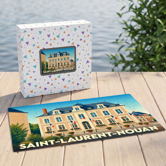 Puzzle souvenir de la ville de Saint-Laurent-Nouan avec une illustration stylisée de sa mairie.
