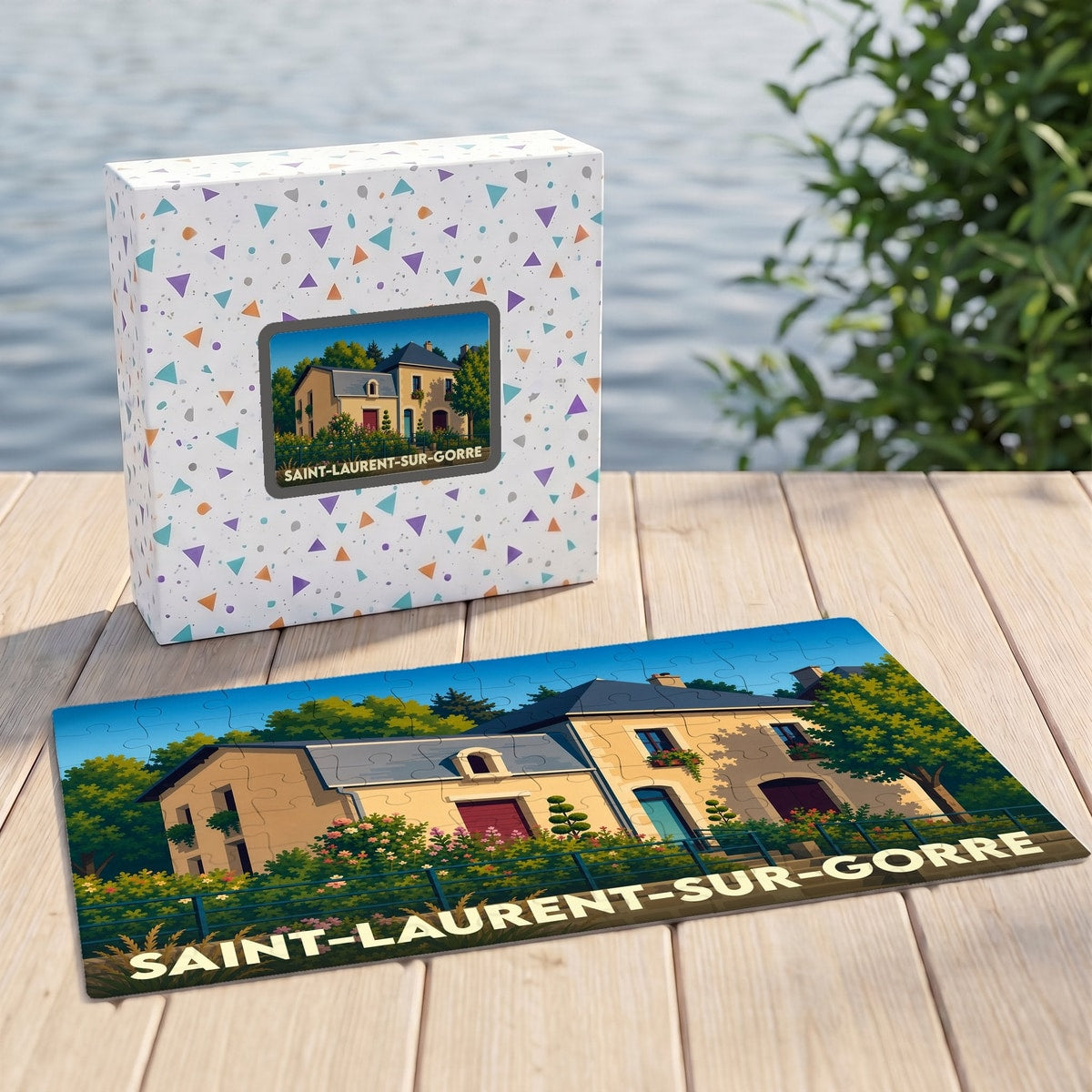 Puzzle souvenir de la ville de Saint-Laurent-sur-Gorre avec une illustration stylisée d'une maison traditionnelle.