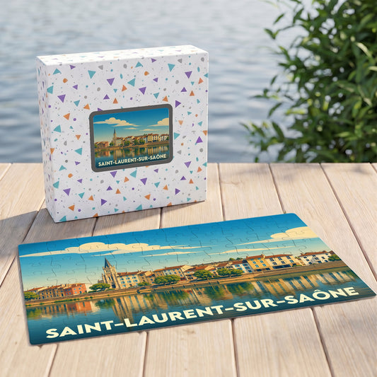 Puzzle souvenir de la ville de Saint-Laurent-sur-Saône avec une illustration stylisée en bord de rivière.