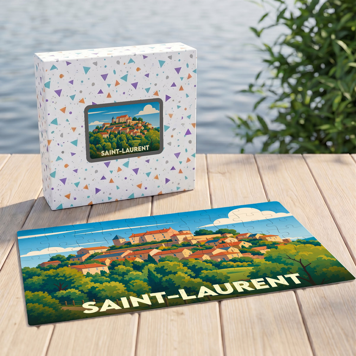 Puzzle souvenir de la ville de Saint-Laurent avec une illustration stylisée d'un village perché.