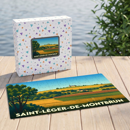 Puzzle souvenir de la ville de Saint-Léger-de-Montbrun illustrant un paysage de campagne vallonné.
